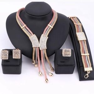 Gold Color Crystal Wedding Party Tassel Necklace Jewelry Set